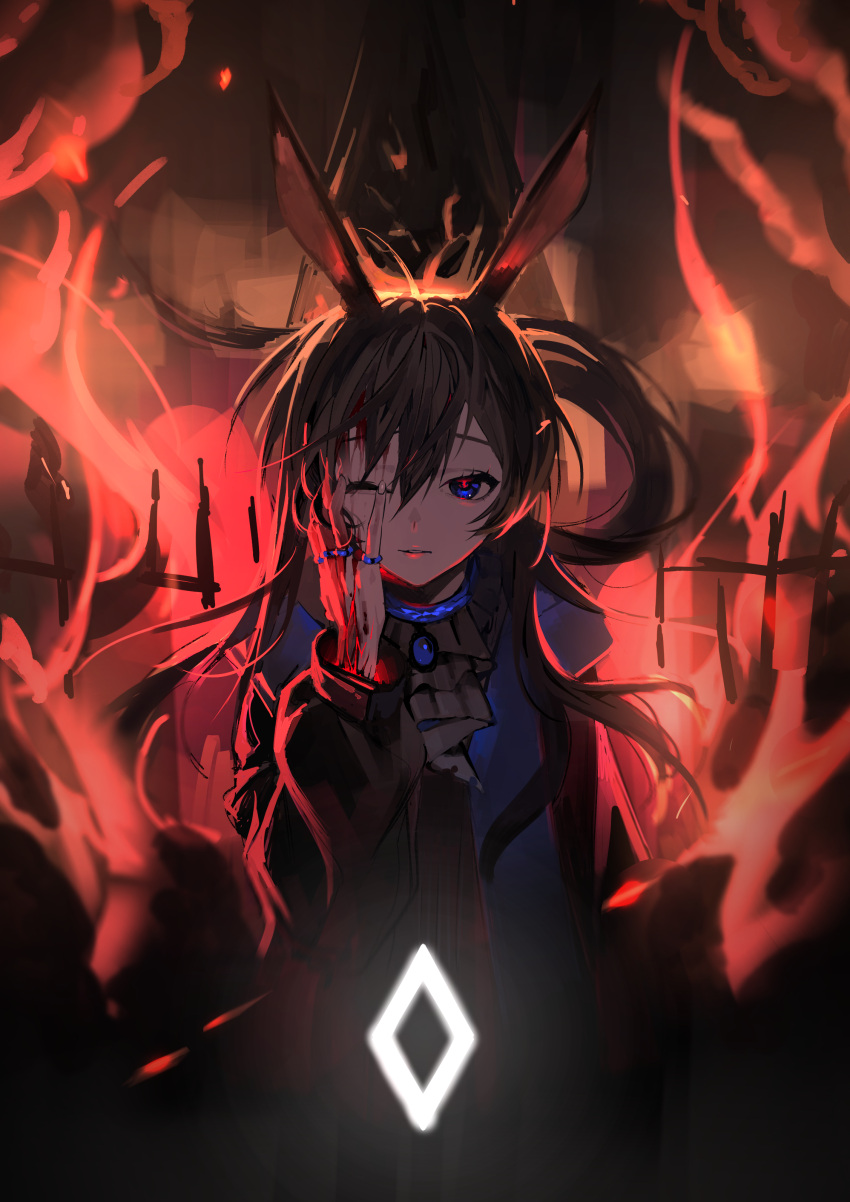 1girl, absurdres, amiya_(arknights), animal_ears, arknights, ascot, bangs, black_ascot, black_hair, black_jacket, blue_eyes, bunny_ears, covering_face, fire, floating_hair, glowing, hair_between_eyes, hh0617, highres, jacket, jewelry, long_hair, long_sleeves, multiple_rings, one_eye_closed, oripathy_lesion_(arknights), parted_lips, ponytail, rabbit_ears, ring, sidelocks, solo, upper_body, very_long_hair