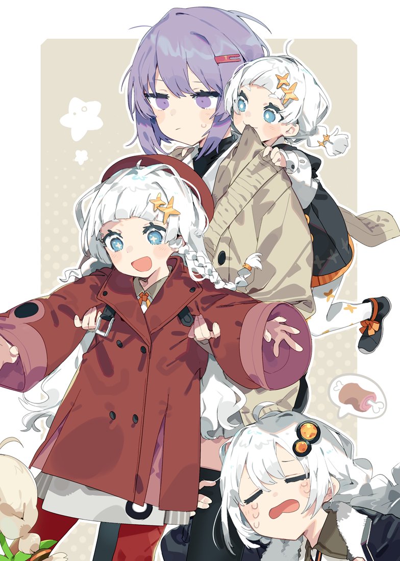 4girls, a.i._voice, ahoge, bangs, beret, black_dress, black_footwear, black_thighhighs