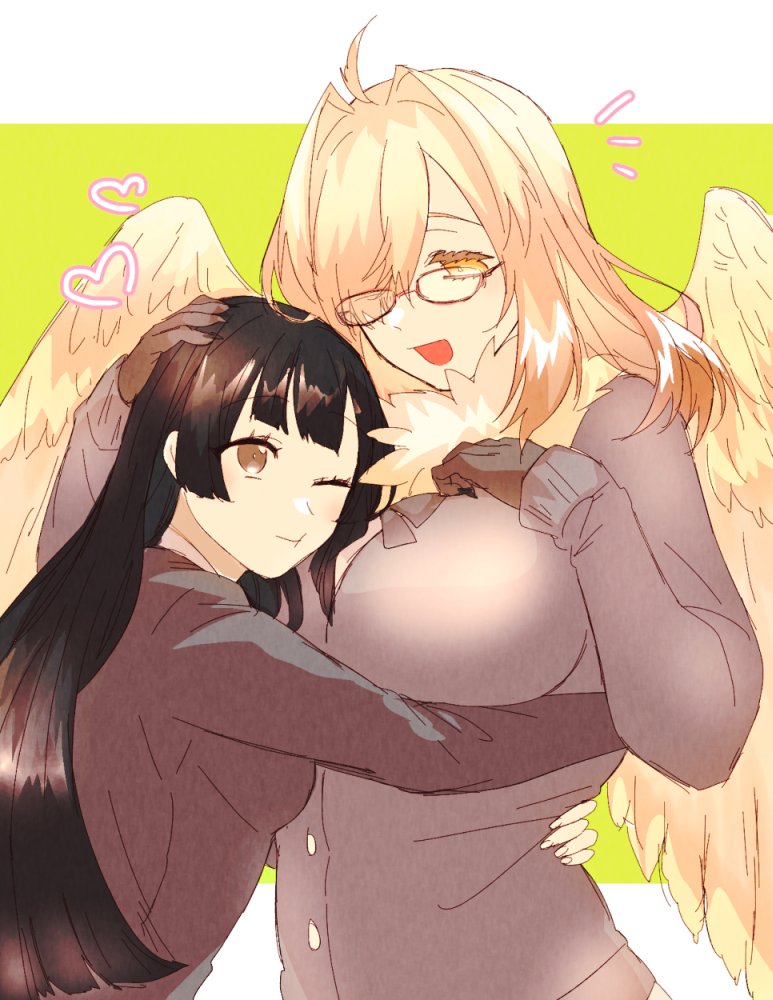 2girls, :t, angel_wings, animal_hands, bangs, black_hair, blonde_hair, blunt_bangs, bone_color919, breasts, brown_eyes, colored_eyelashes, feathered_wings, feathers, glasses, green_background, hair_intakes, hair_over_one_eye, harpy, headpat, heart, hug, jacket, large_breasts, letterboxed, long_hair, master_2_(housamo), medium_breasts, monster_girl, multiple_girls, neck_ruff, notice_lines, one_eye_closed, open_mouth, red-framed_eyewear, simple_background, smile, tokyo_afterschool_summoners, upper_body, white_feathers, white_wings, wings, ziz_(housamo)