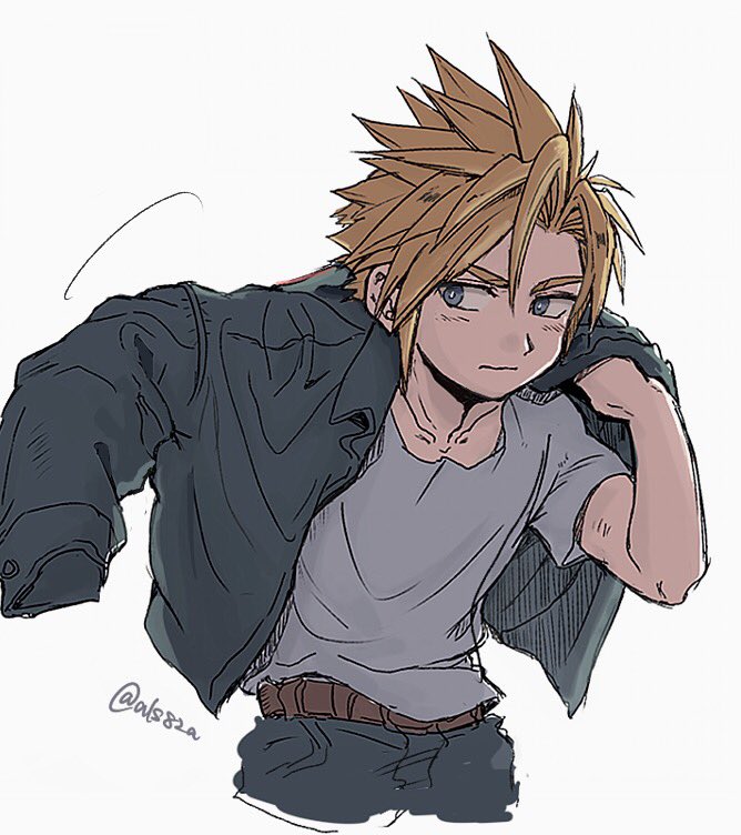 1boy, als8za, alternate_costume, belt, blonde_hair, brown_belt, casual, cloud_strife