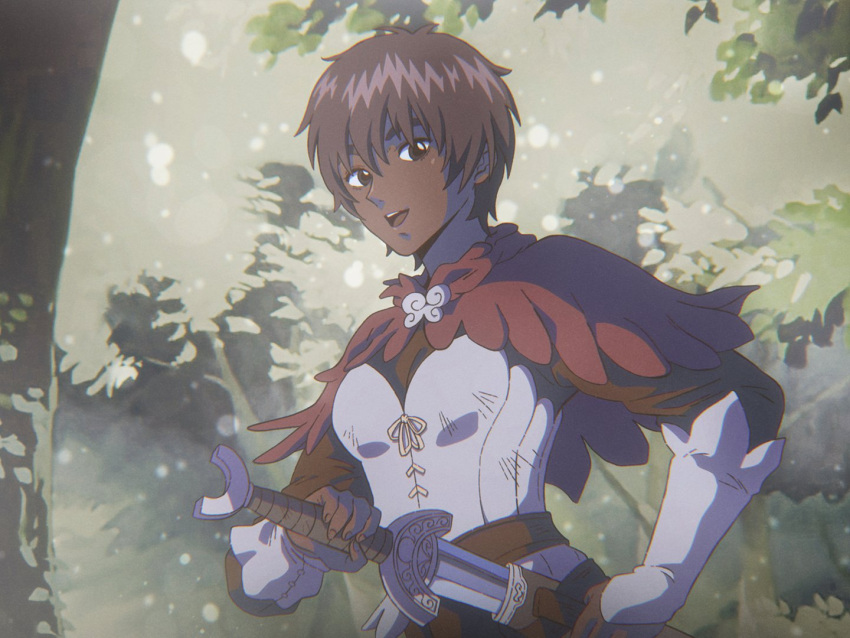 1girl, berserk, brown_eyes, brown_hair, casca_(berserk), dark-skinned_female, dark_skin, holding, holding_sheath, holding_sword, holding_weapon, k41_78, open_mouth, outdoors, parted_lips, retro_artstyle, sheath, smile, solo, sword, weapon