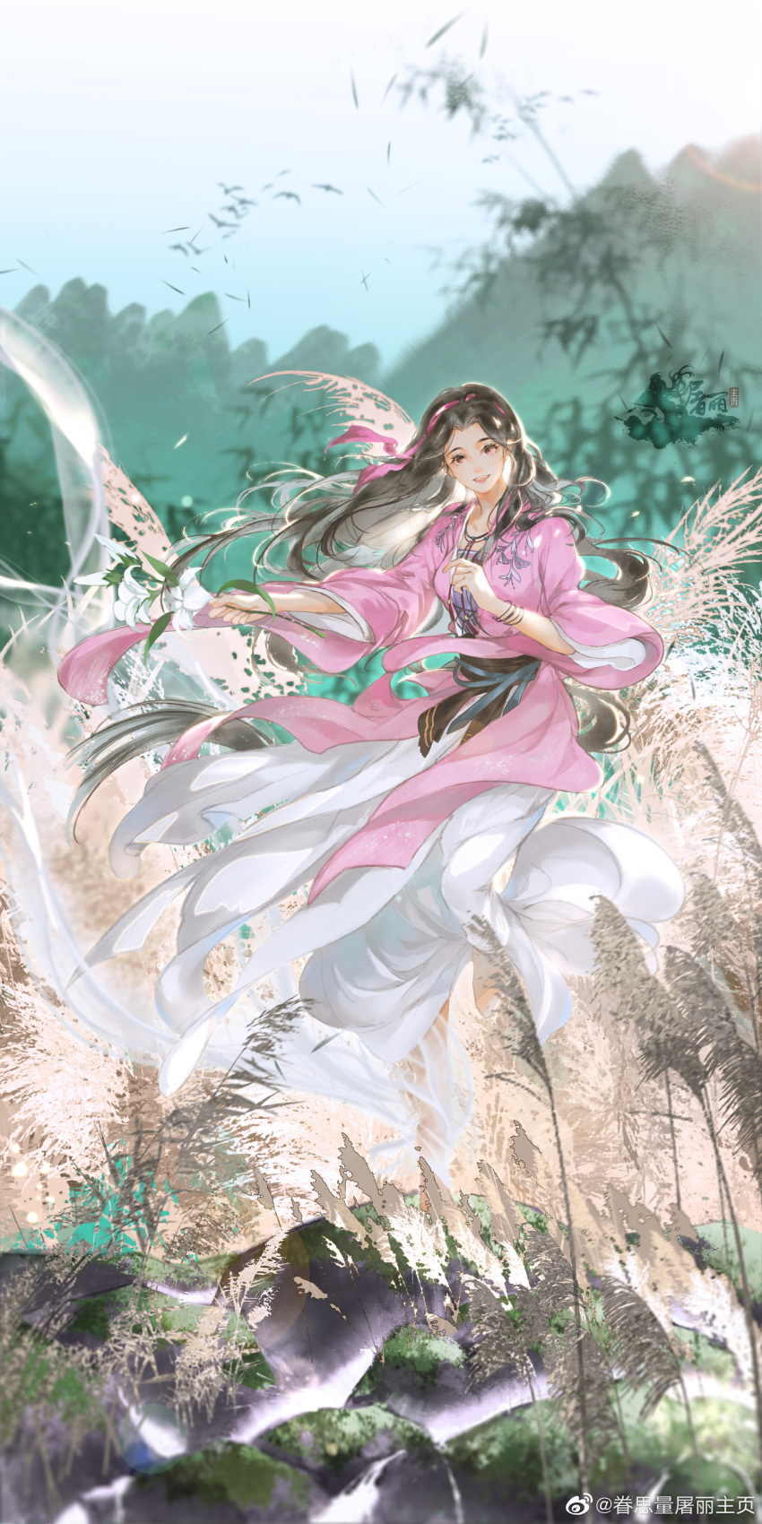 1girl, absurdres, artist_request, bamboo, belt, black_hair, blue_sky, brown_hair