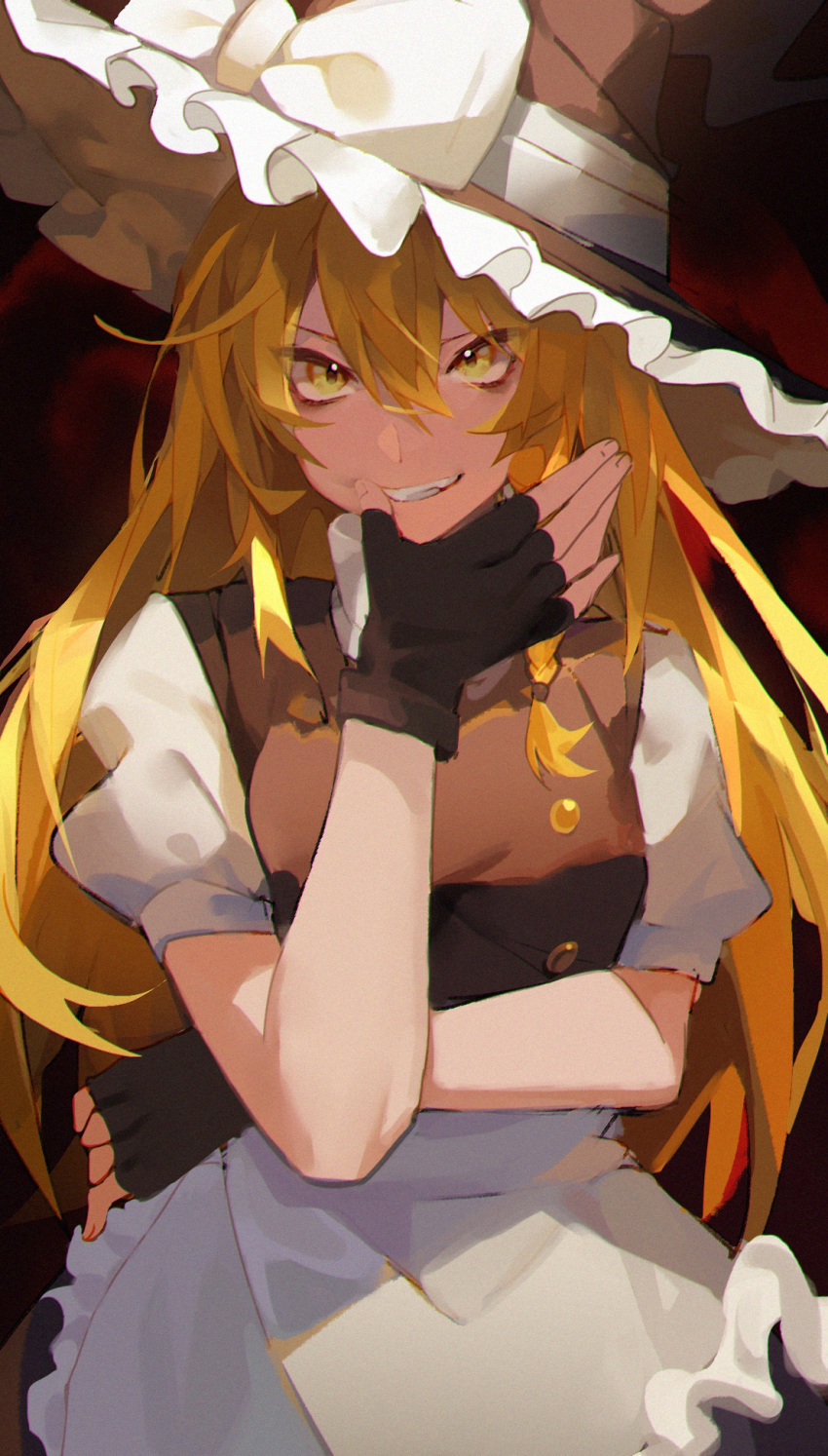 1girl, apron, black_background, black_gloves, black_headwear, black_vest, blonde_hair, bow