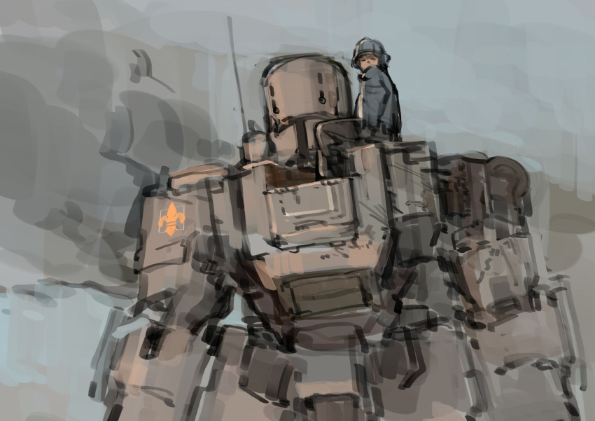 1boy, assault_visor, black_pants, blue_headwear, blue_jacket, brown_hair, ground_vehicle, helmet