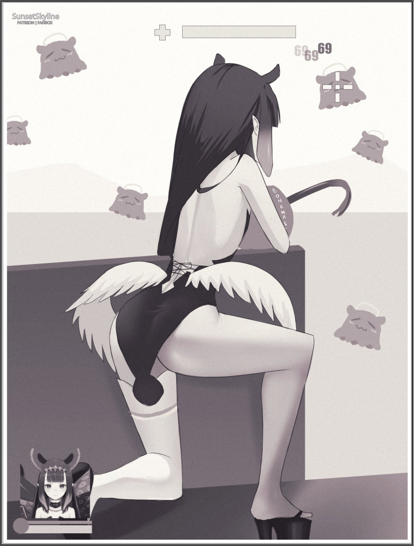 bangs, blunt_bangs, crosshair, crowbar, fake_screenshot, gameplay_mechanics, goddess_of_victory:_nikke, gradient_hair, greyscale, highres, hololive, hololive_english, horns, long_hair, monochrome, multicolored_hair, ninomae_ina'nis, parody, pointy_ears, sunset_skyline, tail, takodachi_(ninomae_ina'nis), tentacle_hair, very_long_hair, virtual_youtuber