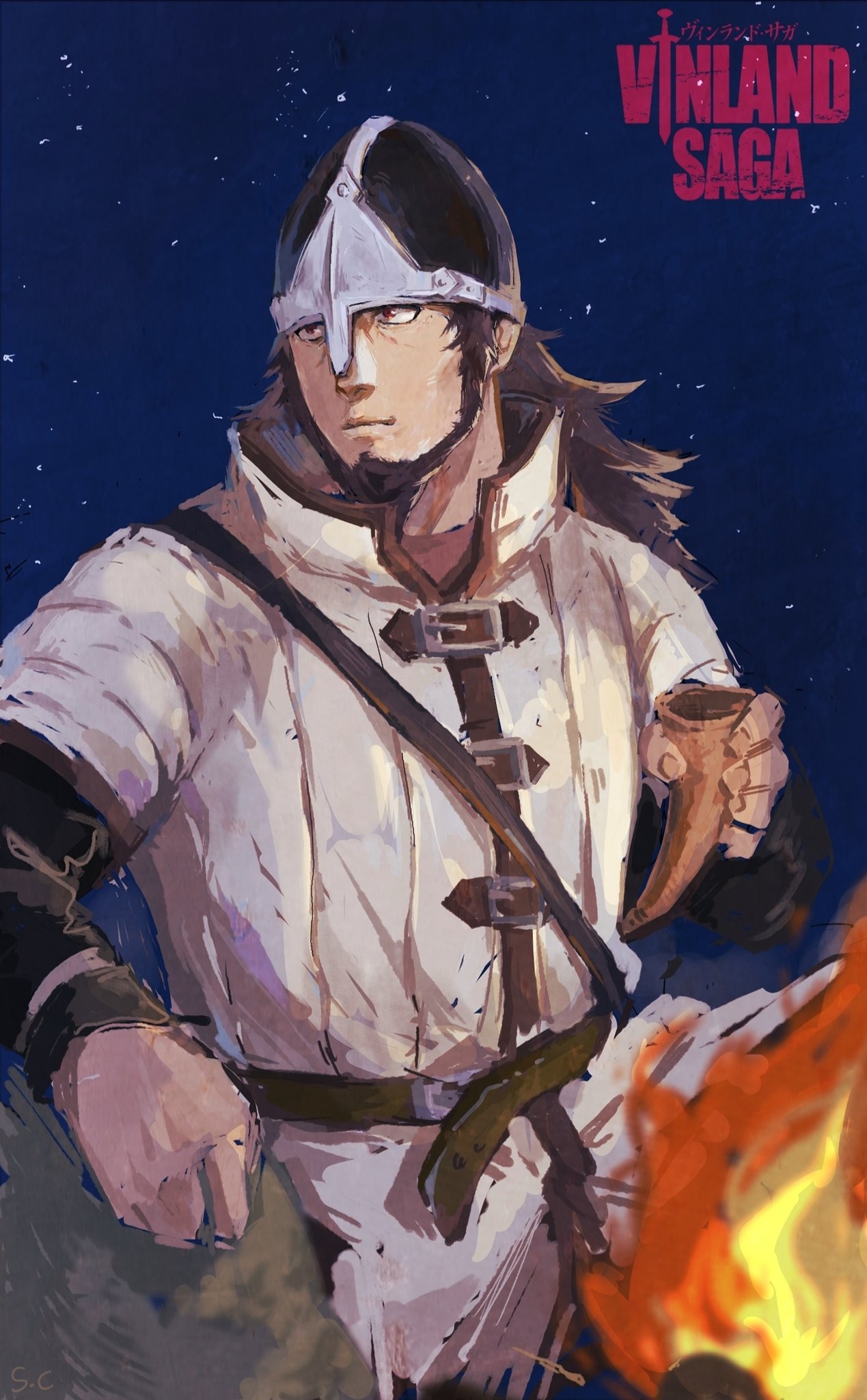 1boy, beard, belt_buckle, bjorn_(vinland_saga), brown_eyes, brown_hair, buckle, drinking_horn