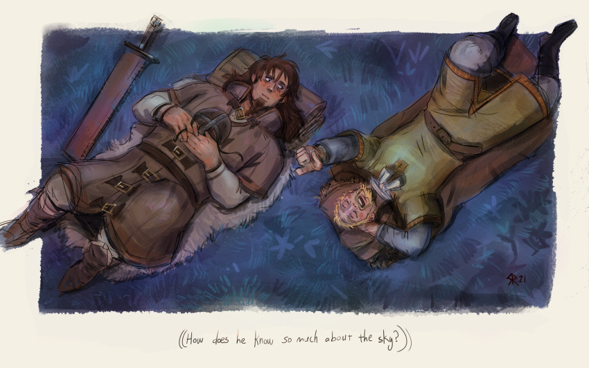 2boys, absurdres, askeladd, beard, belt_buckle, bjorn_(vinland_saga), blonde_hair, boots