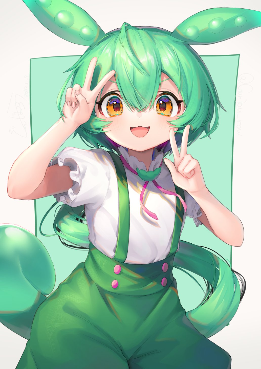 1girl, :3, buttons, double_v, gradient, gradient_background, green_hair, green_shorts, green_suspenders, gunjou_row, hair_between_eyes, highres, long_hair, looking_at_viewer, open_mouth, orange_eyes, puffy_short_sleeves, puffy_shorts, puffy_sleeves, shirt, short_sleeves, shorts, smile, solo, suspenders, v, voicevox, white_shirt, zundamon