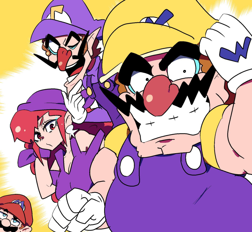 captain_syrup, chicken-rib, eyeshadow, gloves, hat, highres, looking_at_viewer, makeup, mario, one_eye_closed, redhead, super_mario_bros., waluigi, wario, wario_land