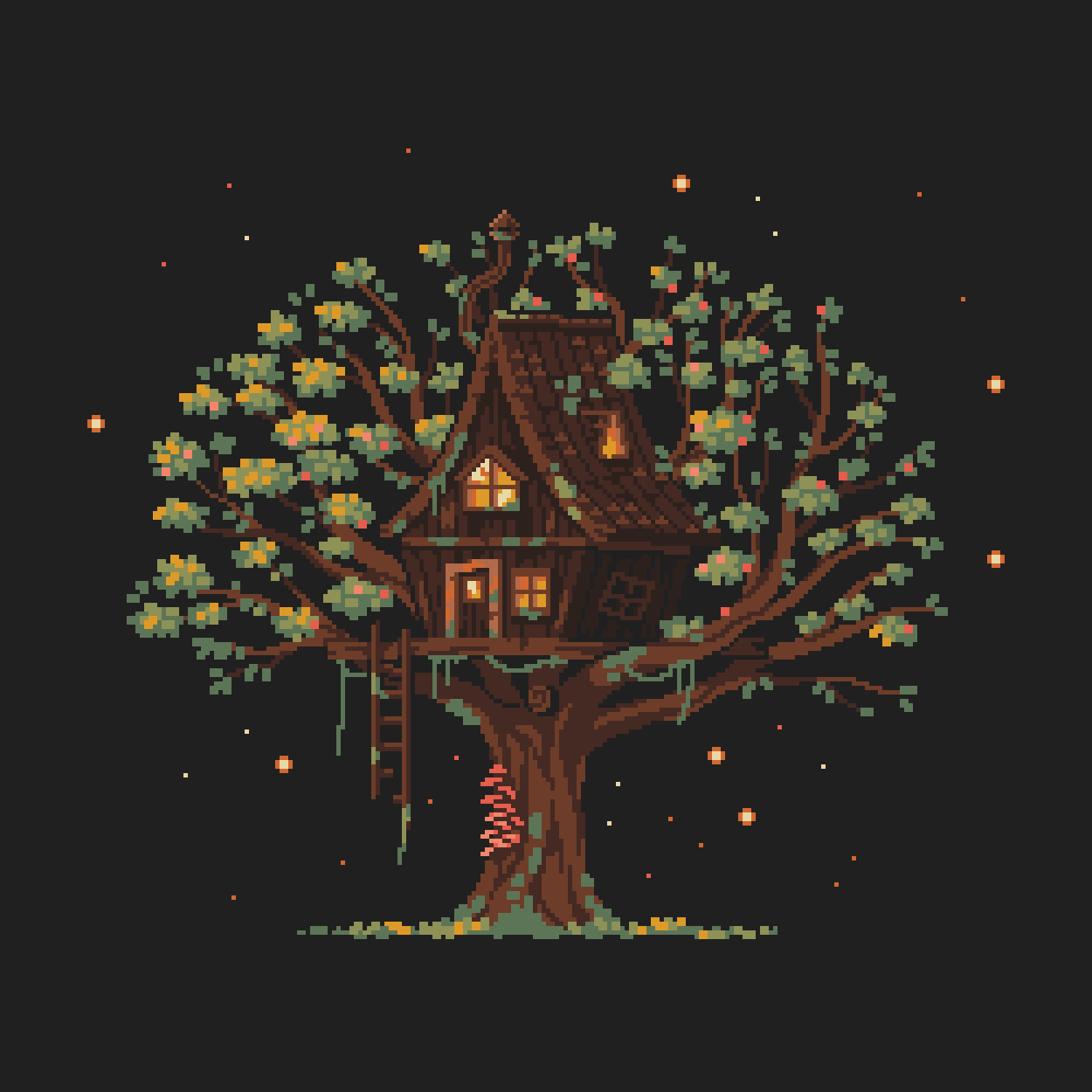 black_background, dark_background, door, english_commentary, highres, ladder, mushroom, no_humans