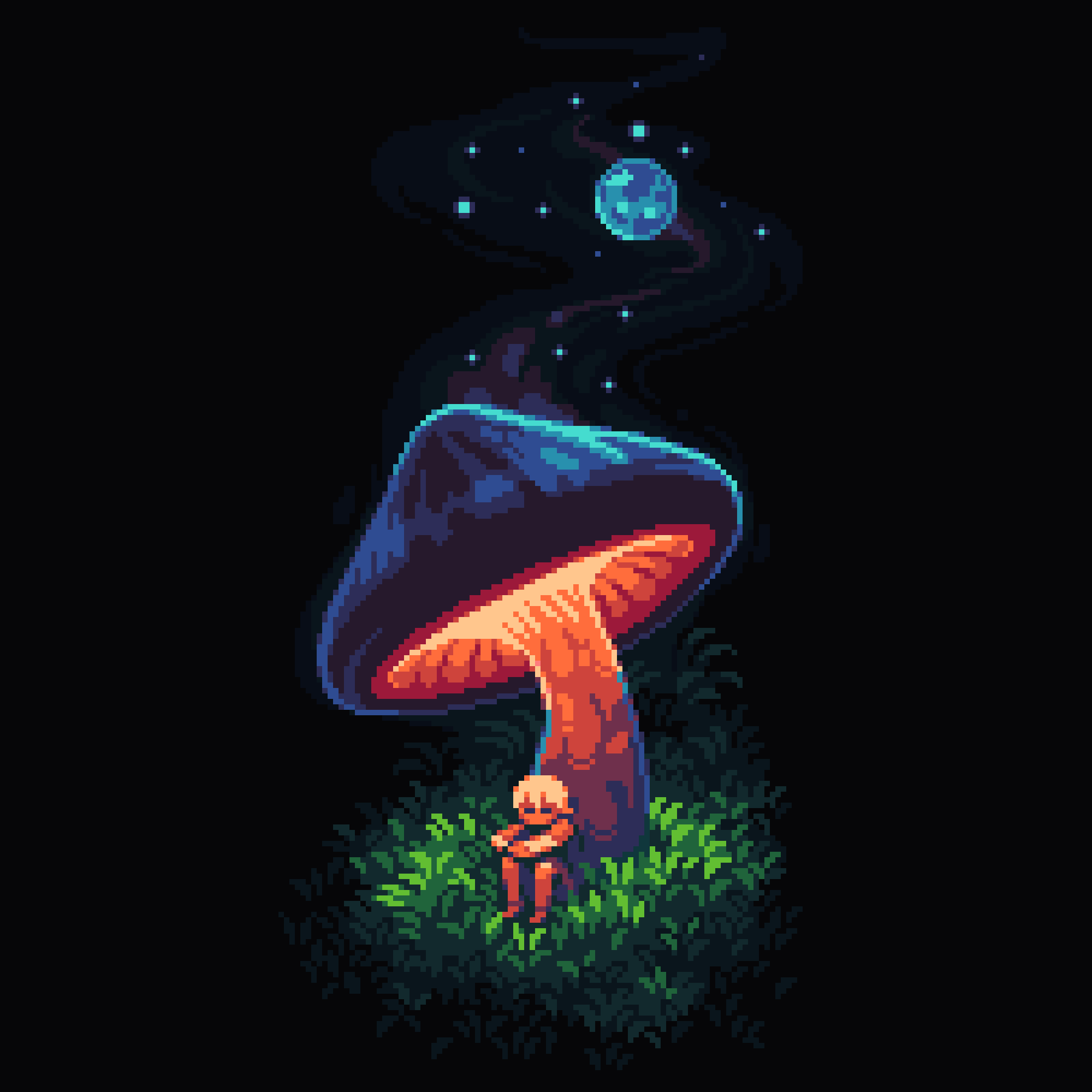 1other, black_background, closed_eyes, full_body, glowing_mushroom, grass, hands_on_own_knees, highres