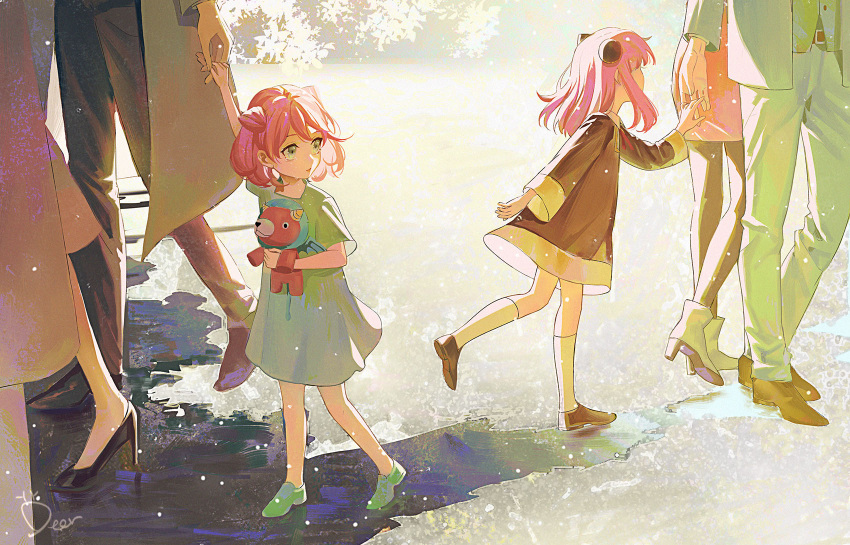 2boys, 2girls, 4girls, ankle_boots, anya_(spy_x_family), arm_up, artist_name, bangs