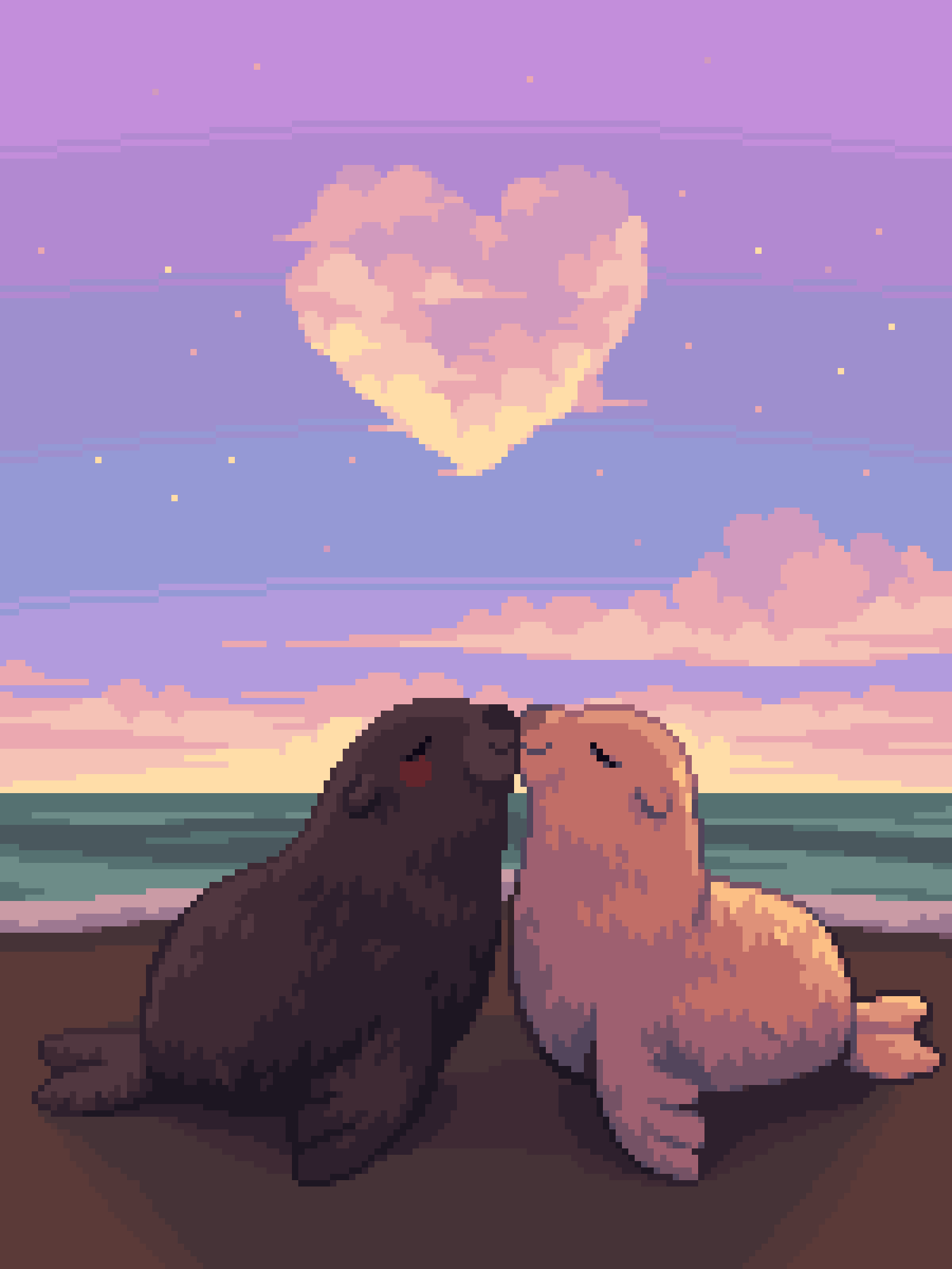 beach, blush_stickers, brown_fur, closed_eyes, closed_mouth, commission, english_commentary, facing_another, full_body, heart-shaped_cloud, highres, no_humans, ocean, original, outdoors, pixel_art, purple_sky, seal_(animal), tofupixel, twilight