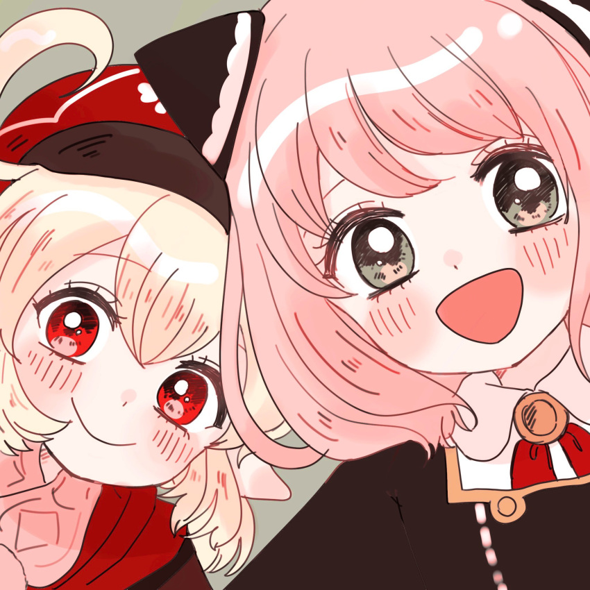 2girls, anya_(spy_x_family), bangs, beret, black_dress, blonde_hair, blue_eyes, blush, collared_shirt, crossover, dress, eden_academy_uniform, eyebrows_visible_through_hair, genshin_impact, grey_background, hat, highres, jacket, klee_(genshin_impact), leaning_to_the_side, looking_at_viewer, mitama_mora, multiple_girls, open_mouth, pink_hair, pink_scarf, pointy_ears, red_eyes, red_headwear, red_jacket, scarf, shirt, smile, spy_x_family, white_shirt