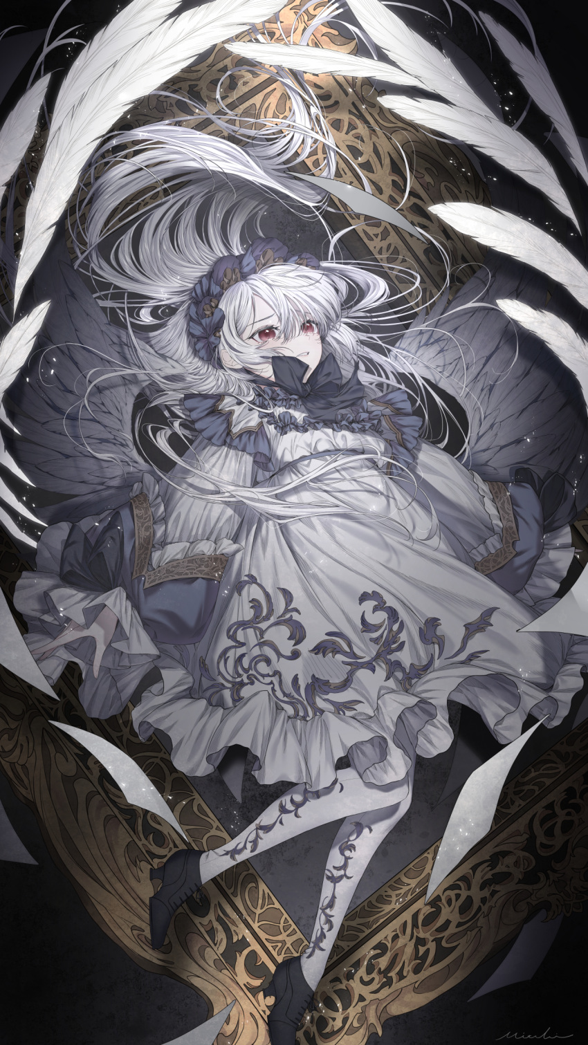 1girl, albino, angel, angel_wings, chocolate4170615, dress, falling, frilled_dress