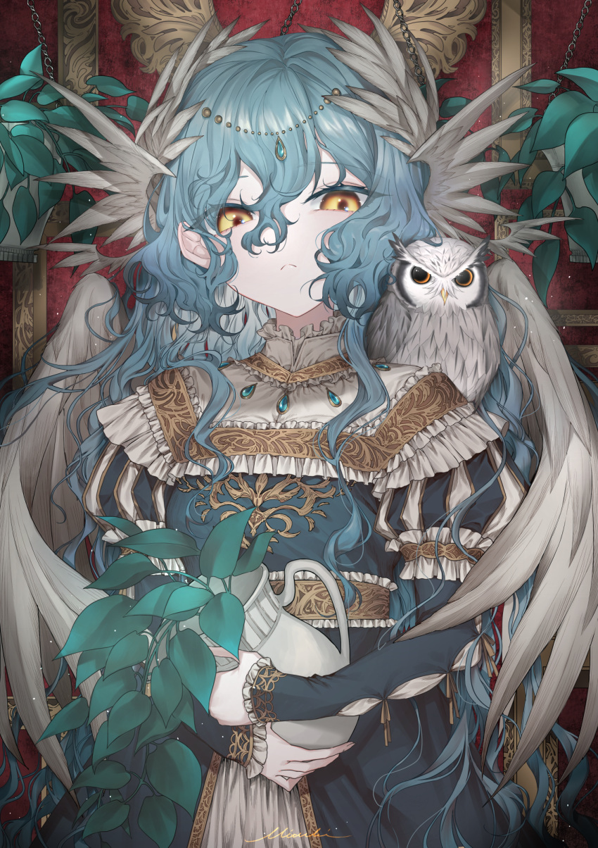 1girl, :<, angel, angel_wings, animal_on_shoulder, barn_owl, bird, bird_on_shoulder, black_dress, blue_hair, chocolate4170615, dress, frills, highres, long_hair, long_sleeves, looking_at_viewer, original, owl, plant, solo, wavy_hair, wings, yellow_eyes