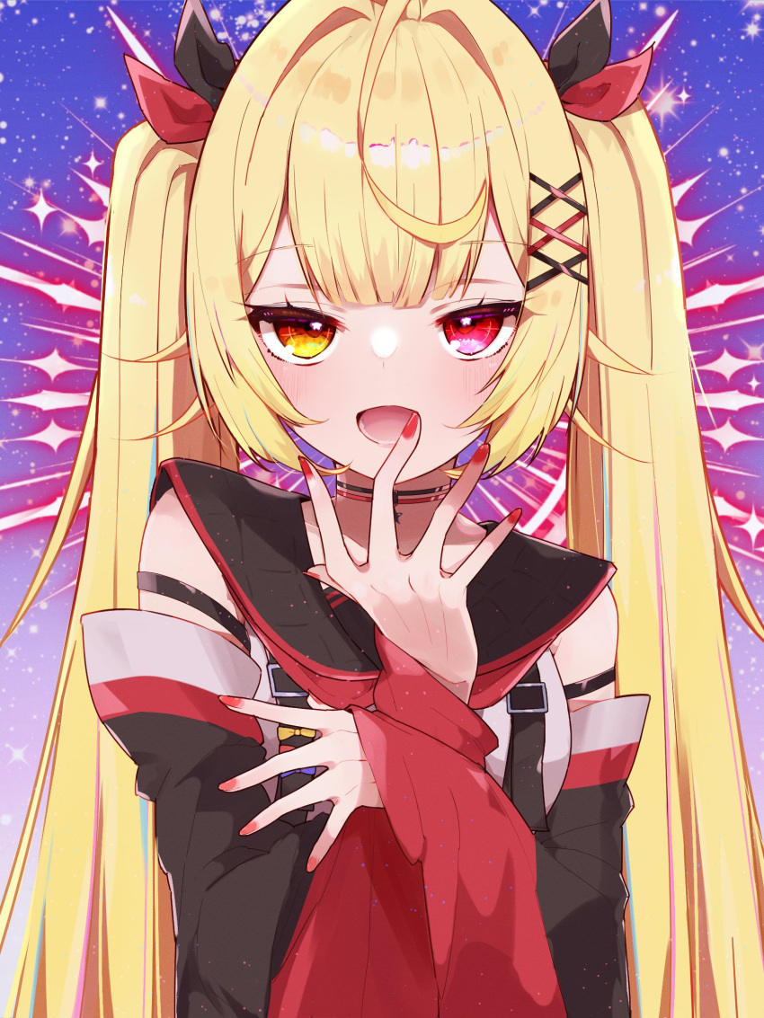 1girl, alternate_costume, black_choker, black_ribbon, blonde_hair, breasts, brown_eyes, choker, detached_sleeves, hair_intakes, hair_ornament, hair_ribbon, heterochromia, highres, hoshikawa_sara, kurokubo_(yakekubo), long_hair, long_sleeves, looking_at_viewer, medium_breasts, nijisanji, open_mouth, portrait, red_eyes, red_ribbon, ribbon, sailor_collar, sleeves_past_fingers, sleeves_past_wrists, solo, straight-on, twintails, two-tone_ribbon, virtual_youtuber, white_choker