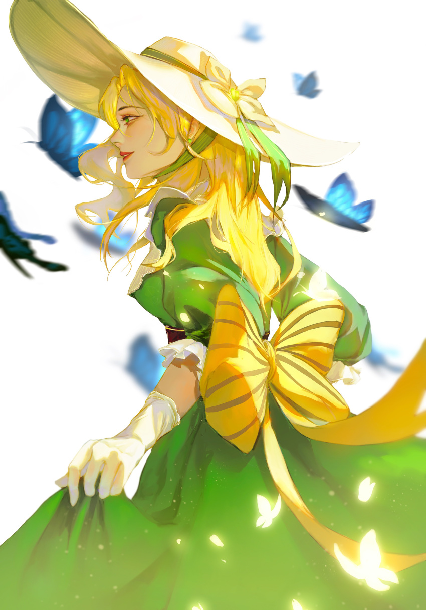 1girl, absurdres, animal, audrey_hall, bangs, blonde_hair, blue_butterfly, blurry, blurry_background, bonnie_valeet, bug, butterfly, butterfly_hair_ornament, chinese_commentary, clothes_lift, commentary_request, dress, earrings, gloves, green_dress, green_eyes, hat, highres, insect, jewelry, kashiwazaki_sena, lips, lipstick, long_hair, looking_ahead, lord_of_the_mysteries, makeup, parted_lips, red_lips, ribbon, shaded_face, simple_background, skirt, skirt_lift, smile, solo, teeth, walking, white_background, white_gloves, yellow_headwear, yellow_ribbon