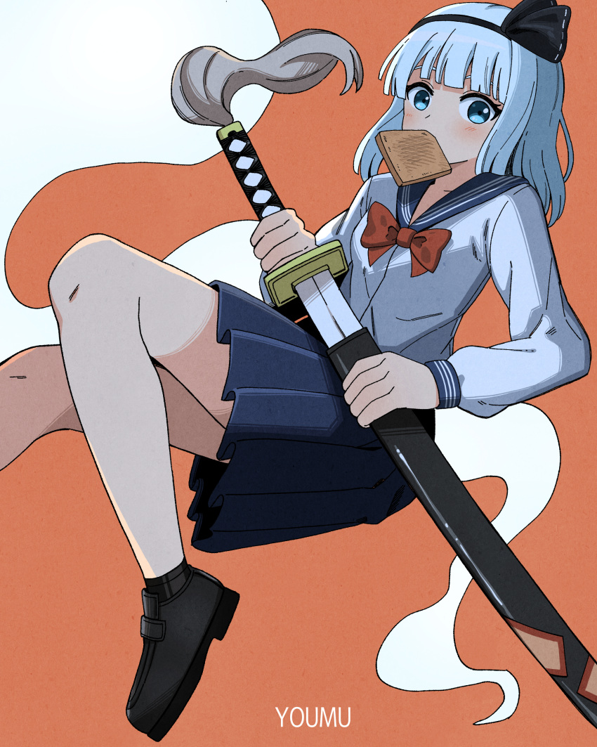 1girl, absurdres, black_footwear, black_hairband, blue_eyes, blue_skirt, bow, ddok