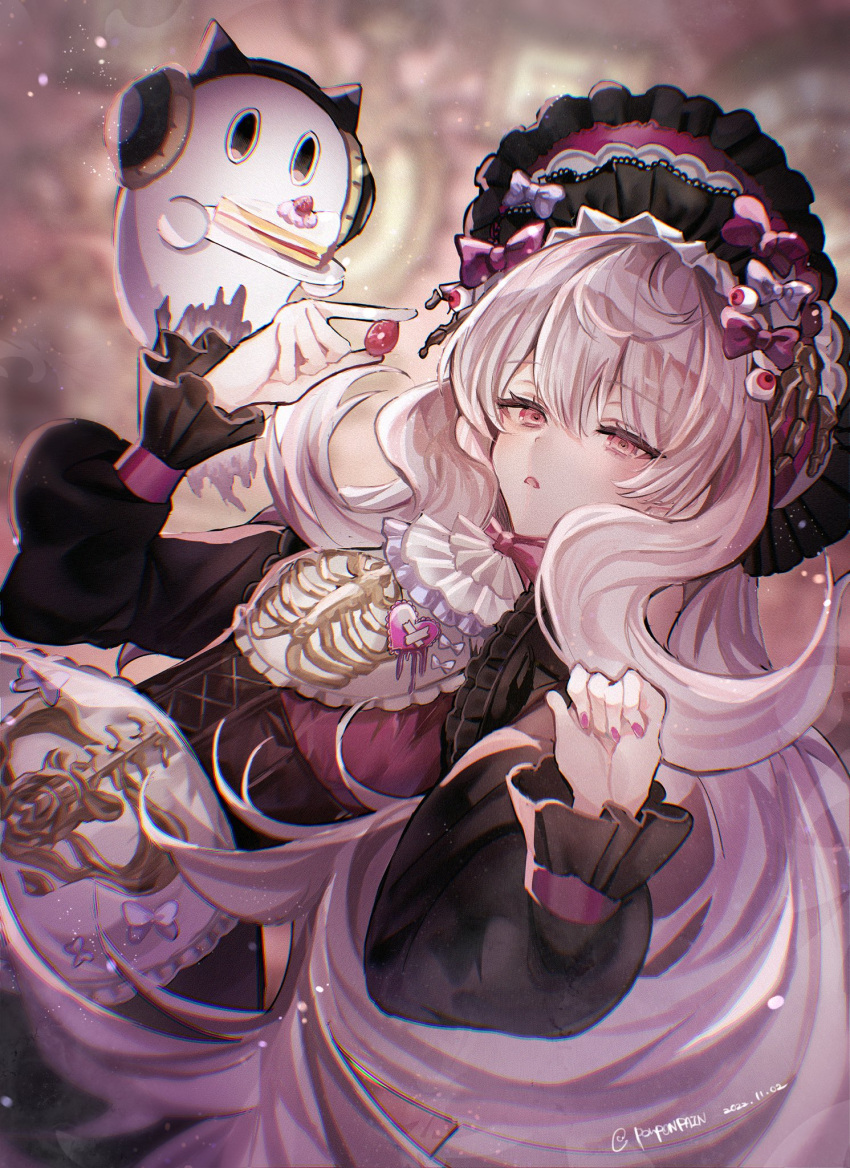 1girl, alternate_costume, apron, black_eyes, black_shirt, black_skirt, bonnet, bow