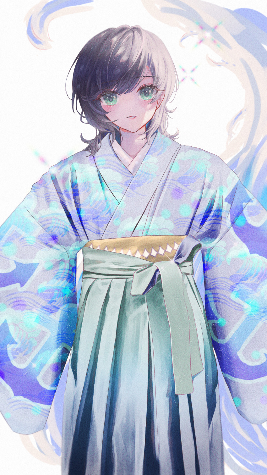 1girl, absurdres, black_hair, blue_eyes, closed_mouth, green_eyes, hakama, highres