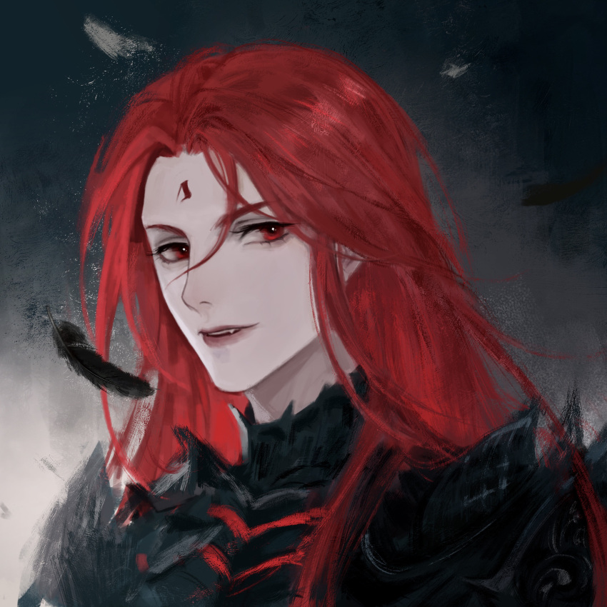 1boy, 1girl, absurdres, angel, armor, bangs, black_armor, black_feathers, caramel7pudding, chinese_commentary, commentary_request, dark, facial_mark, fang, feathers, forehead_mark, highres, lips, long_hair, looking_at_viewer, lord_of_the_mysteries, medici_(lord_of_the_mysteries), parted_lips, red_eyes, red_hair, redhead, solo, teeth
