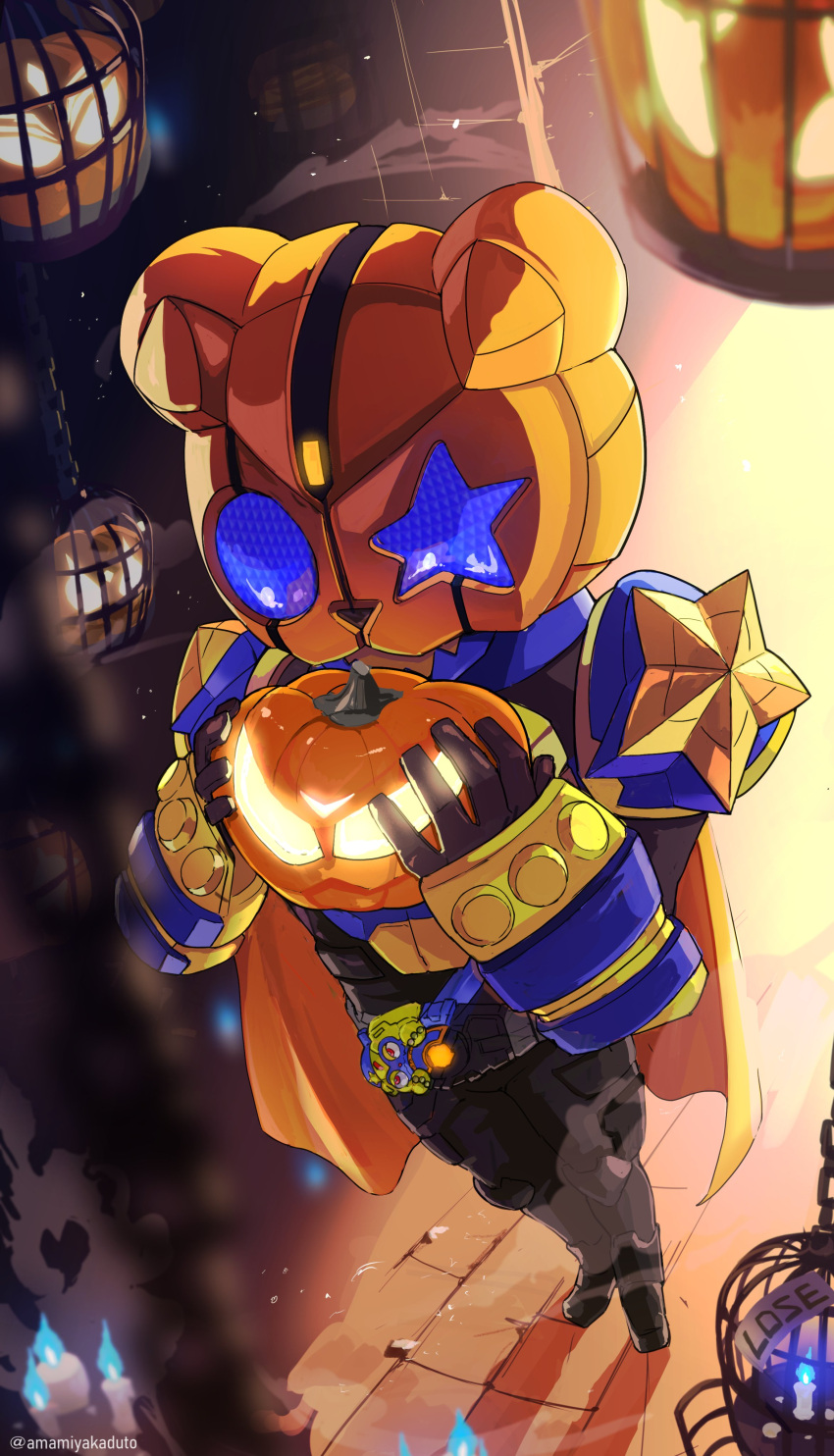 1boy, absurdres, amamiyakaduto, bear, blue_armor, blue_eyes, blue_fire, brass_knuckles, cage, candle, cape, desire_driver, dungeon, fire, foreshortening, glowing, glowing_eyes, highres, jack-o'-lantern, kamen_rider, kamen_rider_buffa, kamen_rider_geats_(series), kamen_rider_na-go, kamen_rider_punkjack, kamen_rider_tycoon, male_focus, monster, monster_buckle, orange_cape, pumpkin, raise_buckle, shadow, twitter_username, villain_pose, weapon