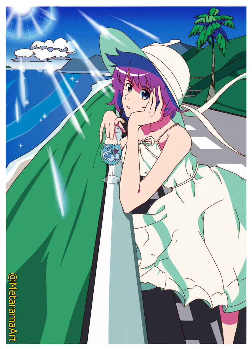 1girl, absurdres, dress, hat, highres, kogarashi_sentiment, koimonogatari, metarama, monogatari_(series), purple_hair, senjougahara_hitagi, solo, sundress