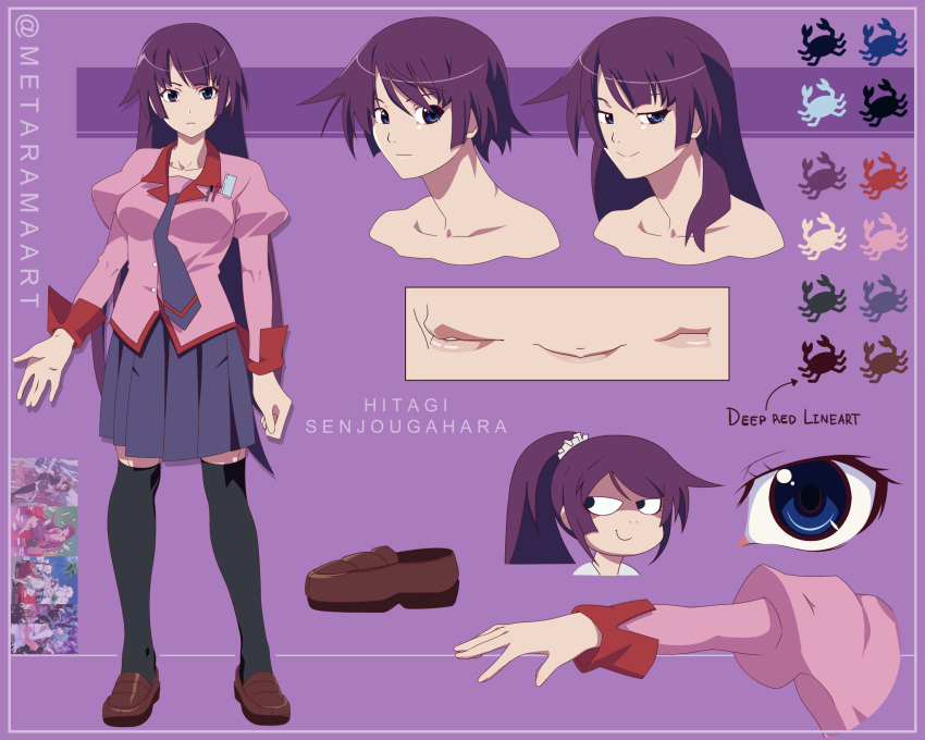 1girl, bakemonogatari, black_legwear, blue_eyes, character_sheet, highres, loafers, metarama
