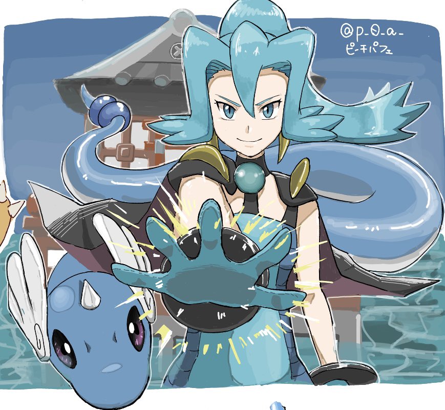 1boy, 1girl, bangs, black_cape, black_choker, blue_eyes, blue_hair, bodysuit, cape, choker, clair_(pokemon), closed_mouth, commentary_request, dragonair, earrings, floating_cape, gloves, hair_between_eyes, jewelry, long_hair, looking_at_viewer, outstretched_hand, p_0_a, pokemon, pokemon_(creature), pokemon_(game), pokemon_hgss, ponytail, smile, solo, spread_fingers, tooth_earrings, twitter_username, two-tone_bodysuit