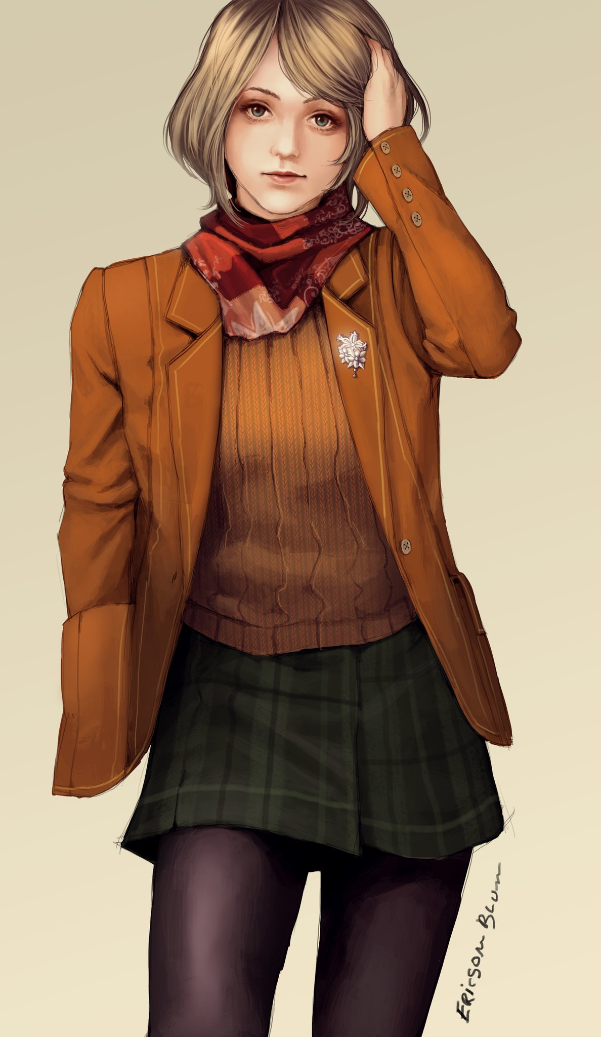 1girl, ashley_graham, blonde_hair, bob_cut, breasts, brown_eyes, brown_hair, ericson_blum, gradient, gradient_background, highres, lips, orange_shirt, pantyhose, plaid, plaid_skirt, resident_evil, resident_evil_4, resident_evil_4_(remake), scarf, shirt, short_hair, skirt, solo, sweater, turtleneck