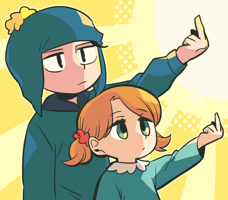 1boy, 1girl, black_hair, blue_jacket, brother_and_sister, craig_tucker, hair_ornament, hair_scrunchie