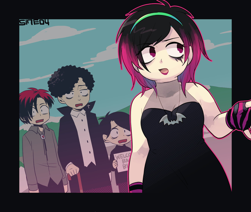 1girl, 3boys, black_dress, black_hair, black_jacket, breasts, cane, cross