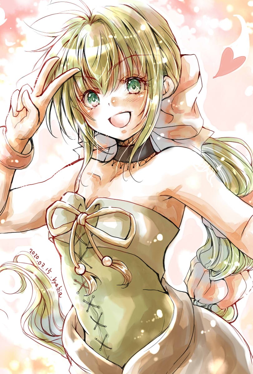 1girl, bare_shoulders, bracelet, breasts, choker, dated, green_eyes, green_hair