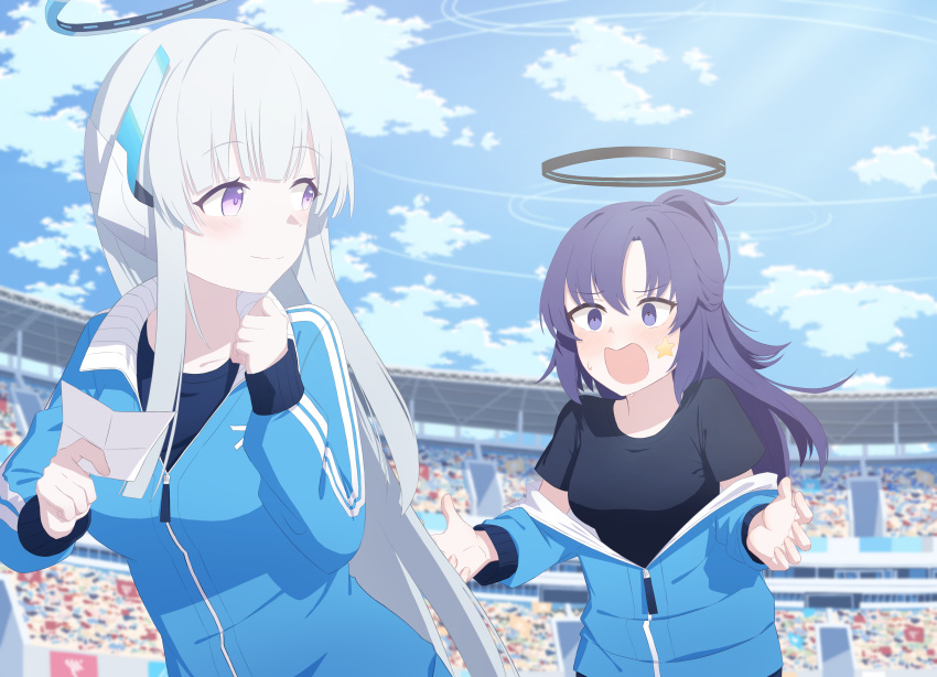 2girls, absurdres, aimpoleume, bangs, black_eyes, black_hair, blue_archive, blue_eyes, blue_sky, blunt_bangs, blush, chasing, cloud, clouds, cloudy_sky, commentary_request, day, fleeing, gym_shirt, gym_uniform, hair_between_eyes, halo, headgear, highres, holding, holding_paper, jacket, long_hair, long_sleeves, looking_at_another, multiple_girls, noa_(blue_archive), official_alternate_costume, outdoors, paper, purple_eyes, scavenger_hunt, shirt, sidelocks, sky, smile, stadium, track_jacket, two_side_up, white_hair, yuuka_(blue_archive), yuuka_(gym_uniform)_(blue_archive)