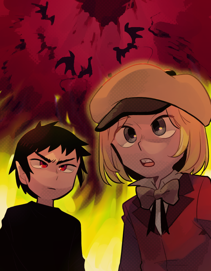 1boy, 1girl, 2boys, black_hair, blonde_hair, bow, bowtie, damien_thorn