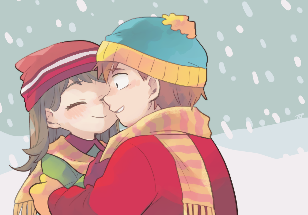 1boy, 1girl, beanie, blush, brown_hair, closed_eyes, couple, eric_cartman