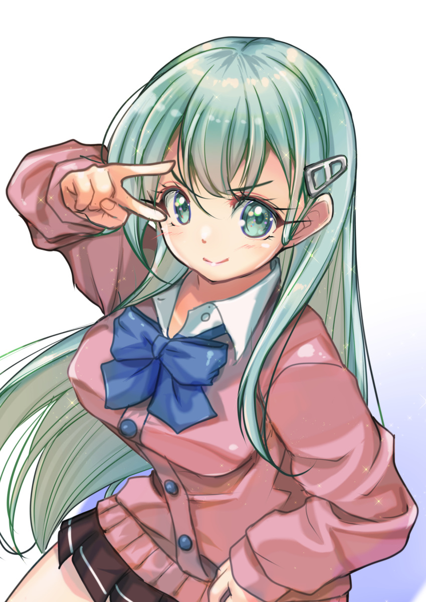 1girl, aqua_eyes, aqua_hair, ascot, black_skirt, blue_ribbon, breasts, cardigan
