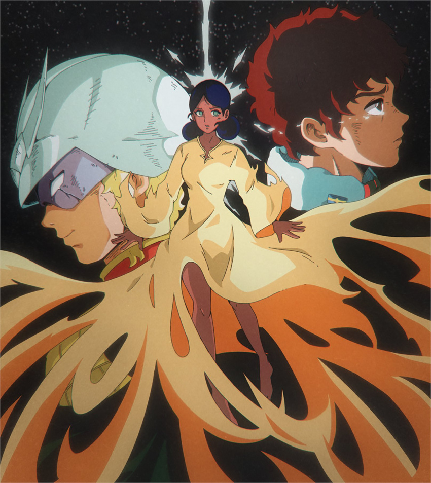 1boy, 1girl, amuro_ray, barefoot, black_hair, breasts, broken, brown_hair, char_aznable, crying, dark-skinned_female, dark_skin, dress, green_eyes, gundam, helmet, highres, k41_78, lalah_sune, long_dress, medium_breasts, mobile_suit_gundam, tears, yellow_dress