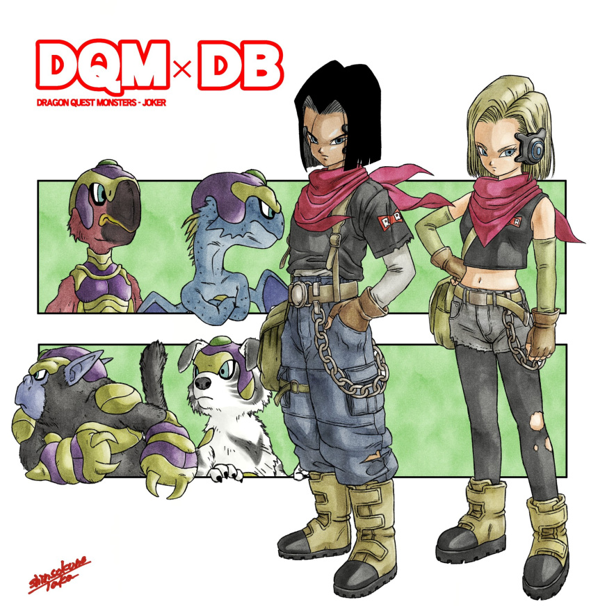 1boy, 1girl, android_17, android_18, arm_warmers, bag, belt, bird