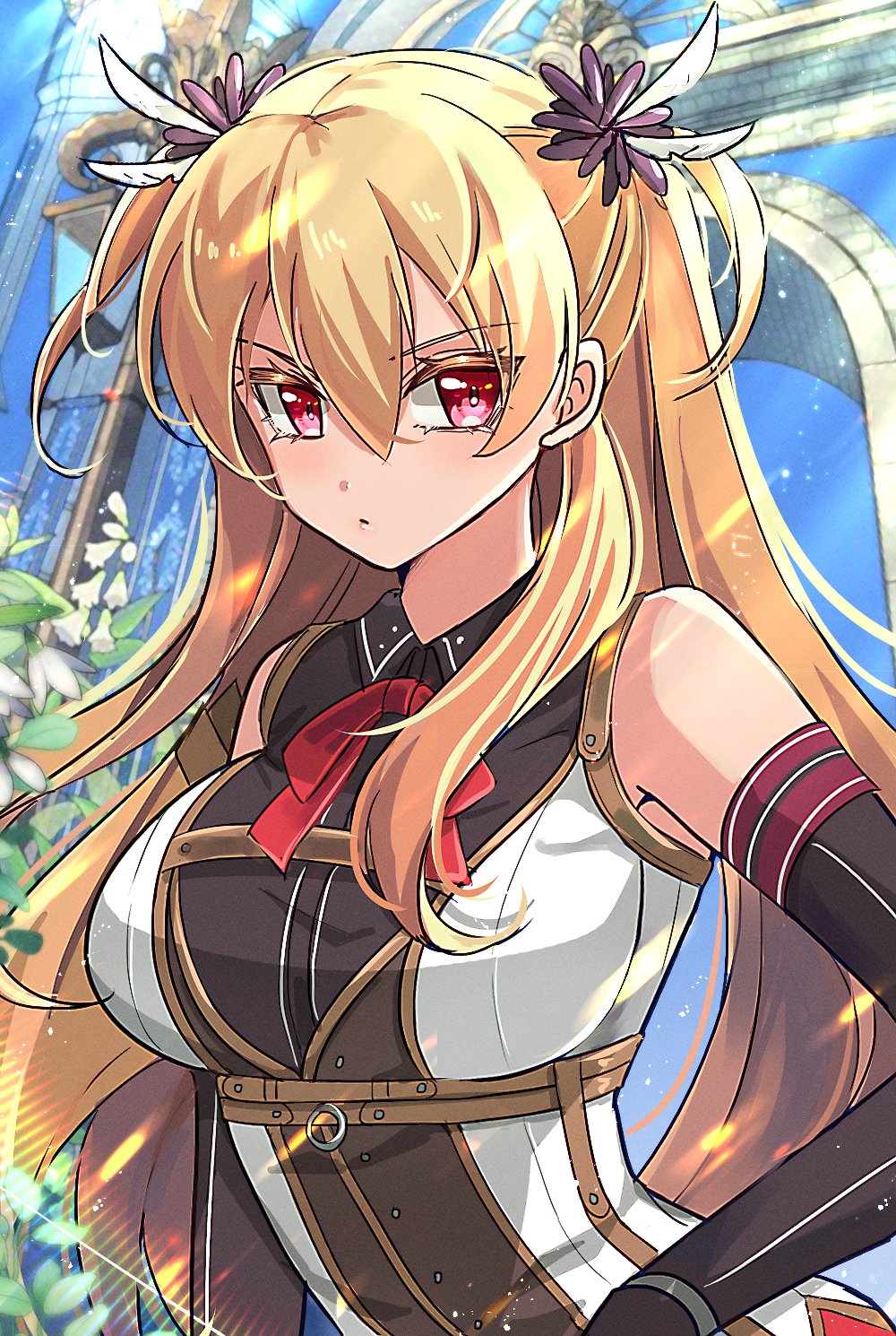 1girl, alisa_reinford, blonde_hair, breasts, eiyuu_densetsu, elbow_gloves, flower, gate