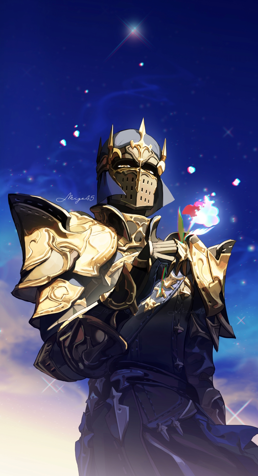 1other, ambiguous_gender, arm_at_side, armor, artist_name, blue_sky, breastplate, chromatic_aberration
