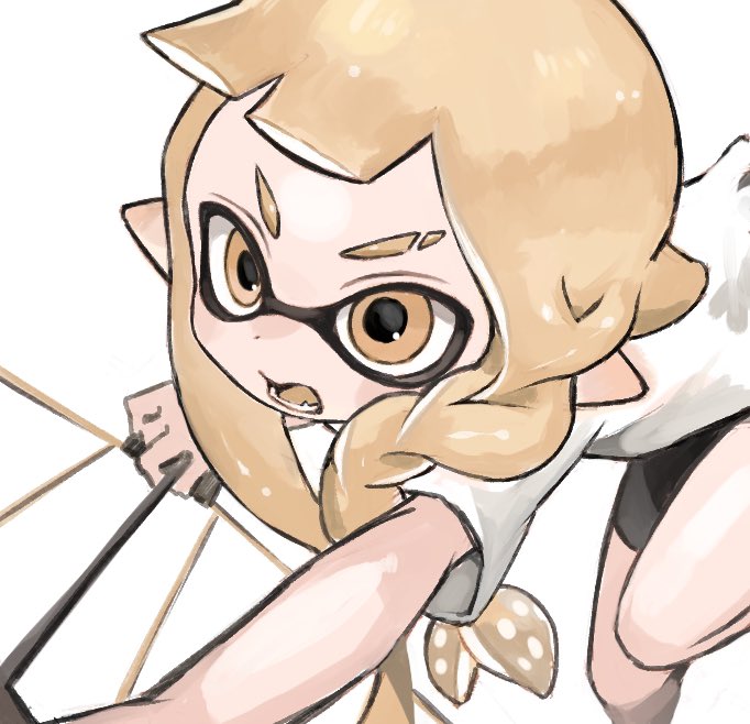 1girl, asymmetrical_hair, blonde_hair, bow_(weapon), braid, colored_tongue, eyebrow_cut, fang