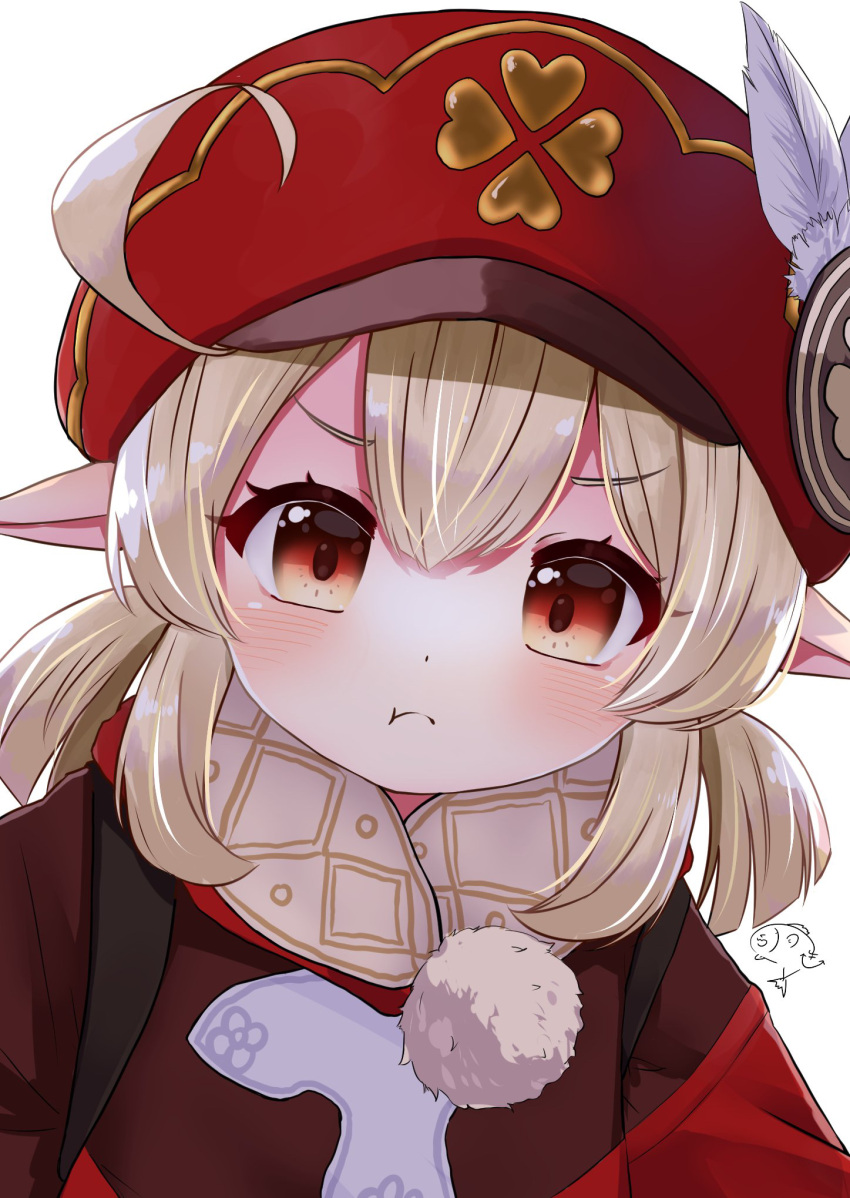 1girl, :t, backpack, bag, bangs, blush, brown_scarf, cabbie_hat, clover_print, coat, commentary_request, genshin_impact, hair_between_eyes, hat, hat_feather, hat_ornament, highres, kanzuki_tsunane, klee_(genshin_impact), light_brown_hair, long_hair, long_sleeves, looking_at_viewer, low_twintails, orange_eyes, pointy_ears, pout, red_coat, red_headwear, scarf, sidelocks, signature, simple_background, solo, twintails, white_background