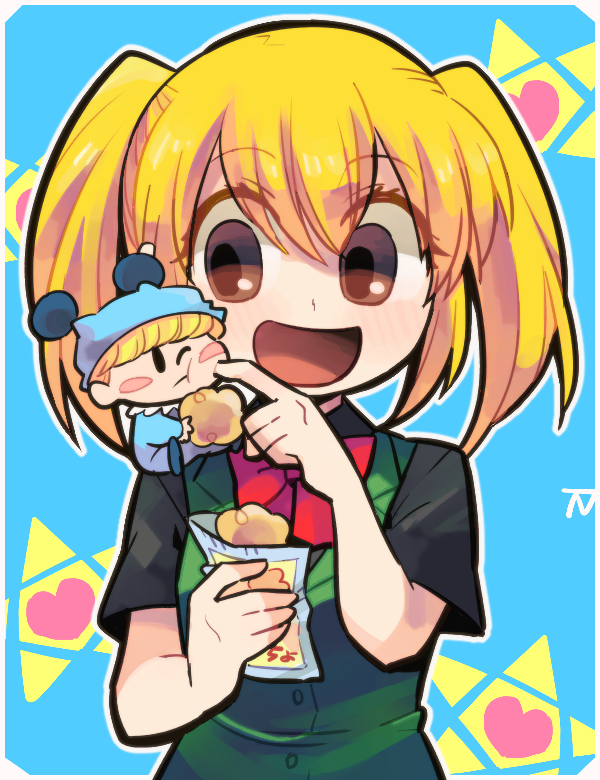 1boy, 1girl, blonde_hair, blush_stickers, bow, bowtie, brown_eyes, cheek_poking