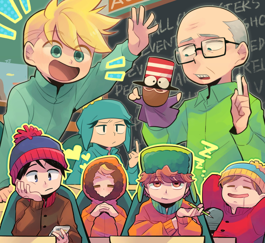 6+boys, =_=, arm_up, bald, beanie, black_hair, blonde_hair, blue_eyes