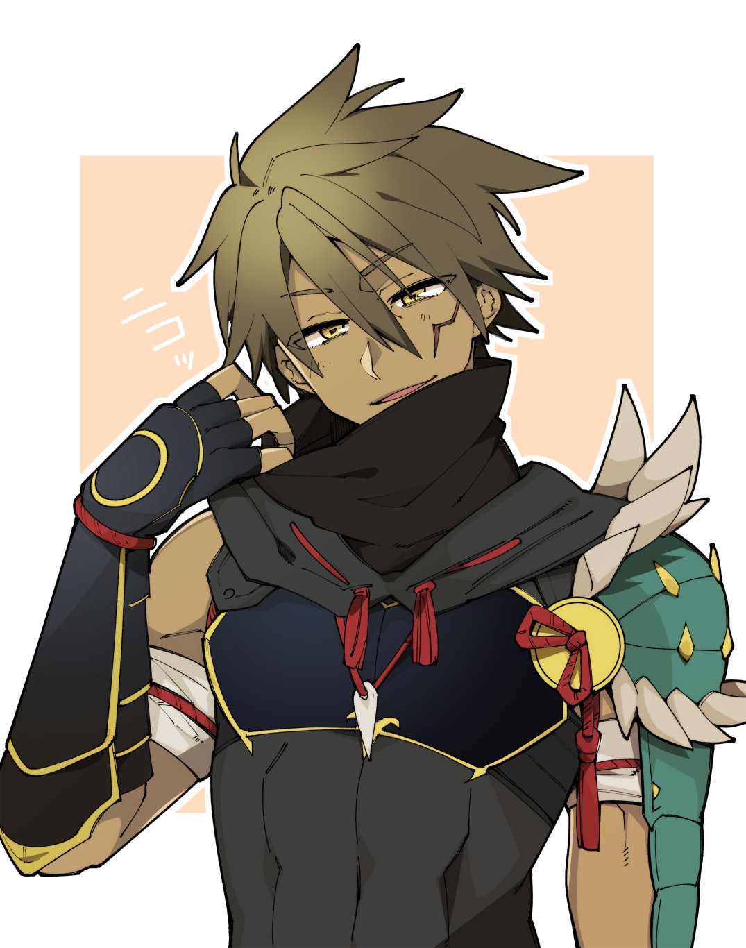 1boy, arm_armor, armor, bangs, brown_hair, commentary_request, dark-skinned_male, dark_skin, hair_between_eyes, higaragi, highres, looking_at_viewer, male_focus, master_utsushi, monster_hunter_(series), monster_hunter_rise, parted_lips, scar, scar_on_face, simple_background, solo, spiky_hair, tassel, two-tone_background, upper_body, yellow_eyes