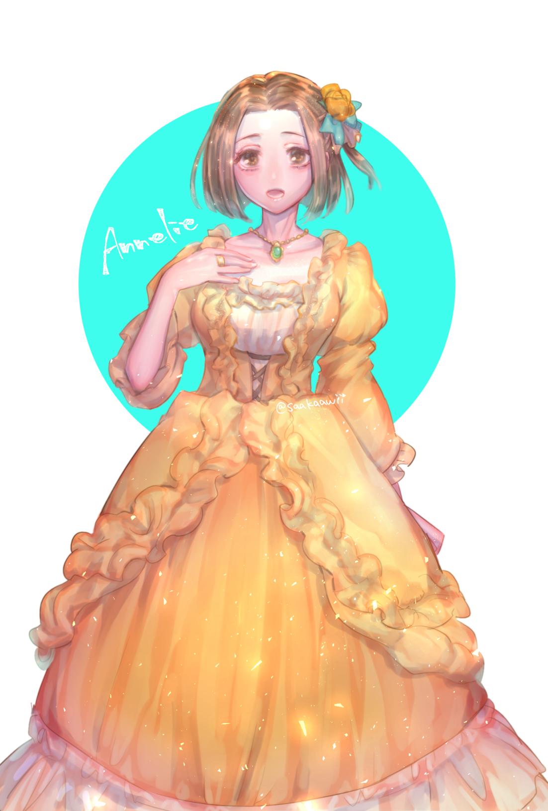 1girl, annallee_(suikoden), breasts, brown_eyes, brown_hair, collarbone, dress, flower, forehead, gensou_suikoden, gensou_suikoden_ii, hair_flower, hair_ornament, highres, jewelry, looking_at_viewer, necklace, open_mouth, sakai_(motomei), short_hair, smile, solo