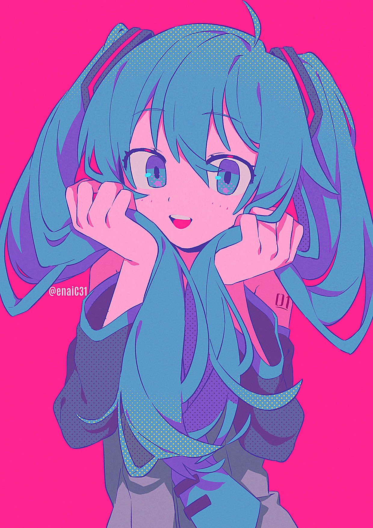 1girl, :d, armpit_crease, bare_shoulders, black_sleeves, blue_eyes, blue_hair, blue_necktie, blue_theme, detached_sleeves, eyes_visible_through_hair, grey_shirt, hair_between_eyes, halftone, hands_up, hatsune_miku, highres, holding, holding_hair, light_blush, limited_palette, long_hair, looking_at_viewer, menma_(enaic31), necktie, number_tattoo, open_mouth, pink_background, pink_theme, shirt, shoulder_tattoo, simple_background, smile, solo, tattoo, teeth, tie_clip, twintails, twitter_username, upper_body, upper_teeth, very_long_hair, vocaloid, wide_sleeves