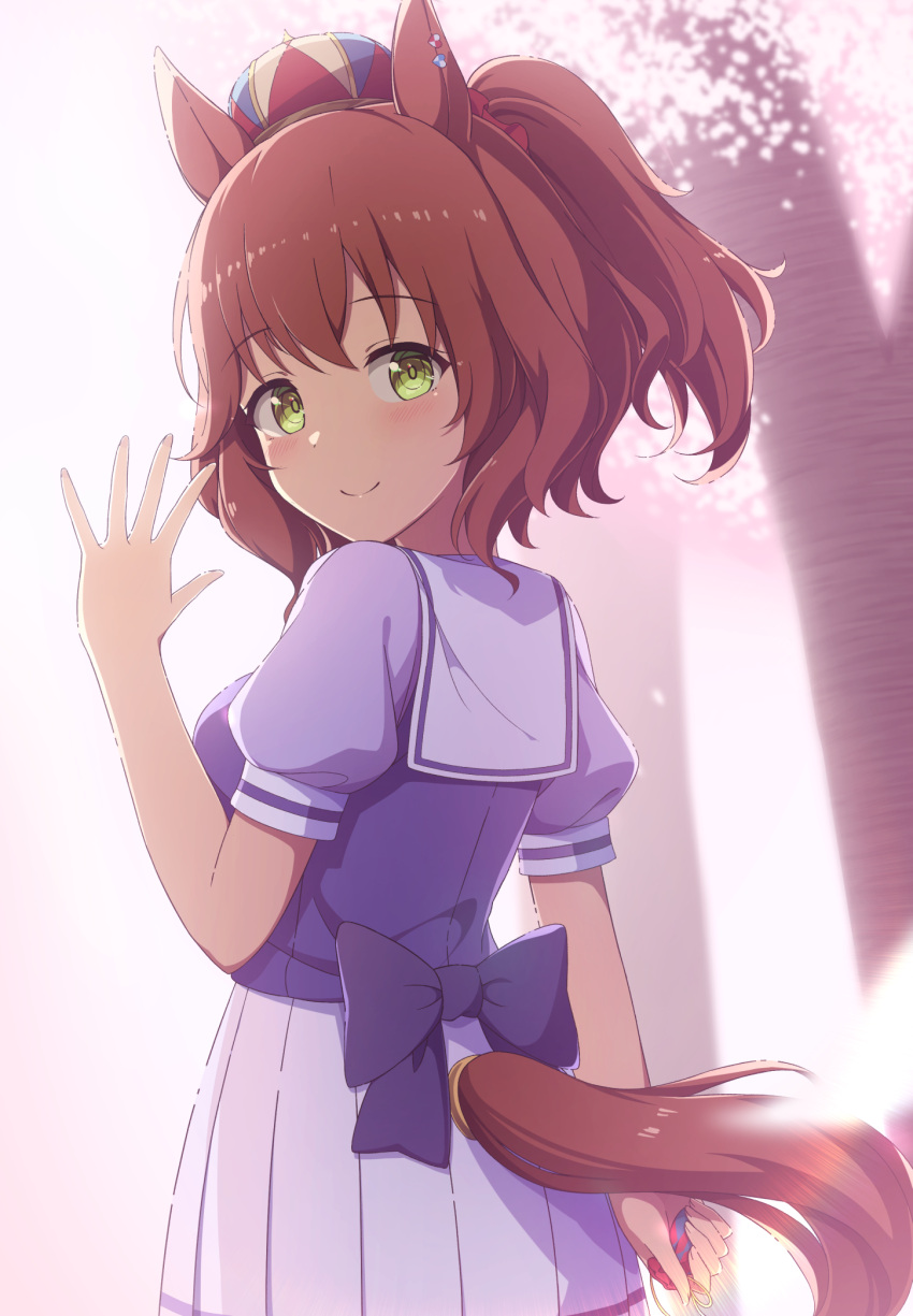 1girl, animal_ears, aston_machan_(umamusume), bow, bowtie, brown_hair, cherry_blossoms, commentary